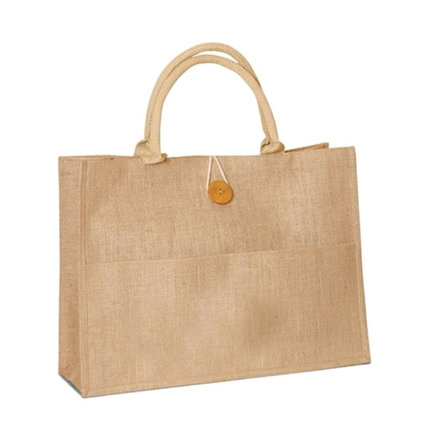 Jute Shopping Bag with Front Pocket / Buttoned Closure