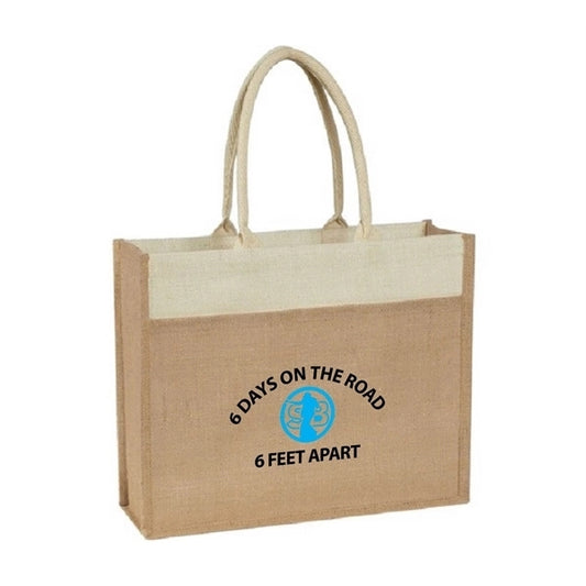 Two Tone Jute Bag w/ Front Pocket & Cotton Webbed Handles
