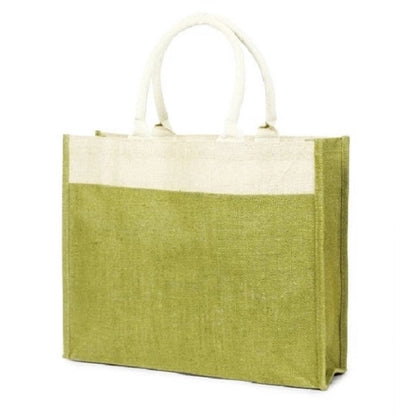 Two Tone Jute Bag w/ Front Pocket & Cotton Webbed Handles