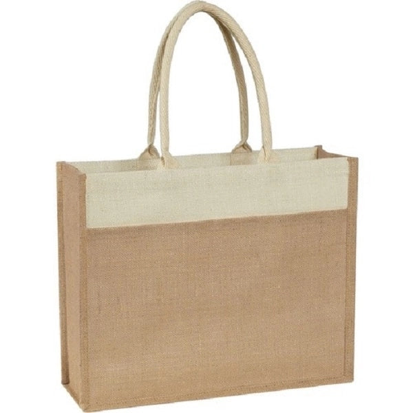Two Tone Jute Bag w/ Front Pocket & Cotton Webbed Handles