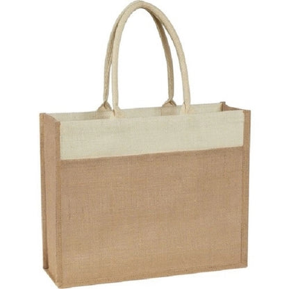 Two Tone Jute Bag w/ Front Pocket & Cotton Webbed Handles