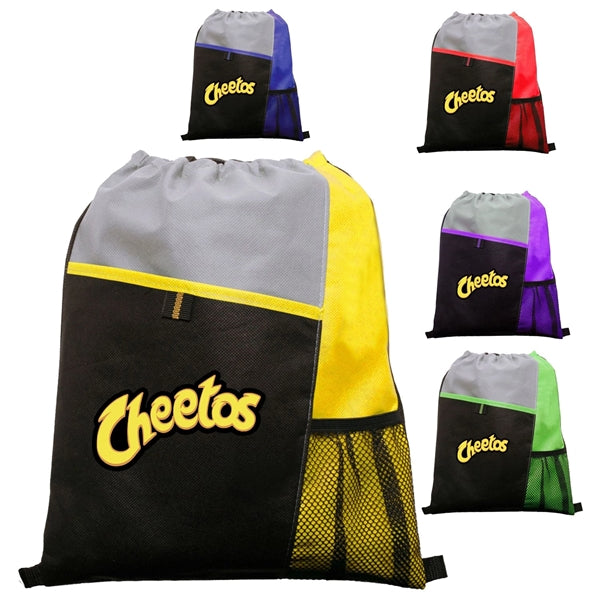 Tri Color Non-Woven Drawstring Backpack W/ Mesh Pocket
