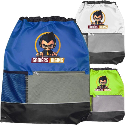 Tri Color Front Pocket Drawstring Backpacks w/ Custom logo
