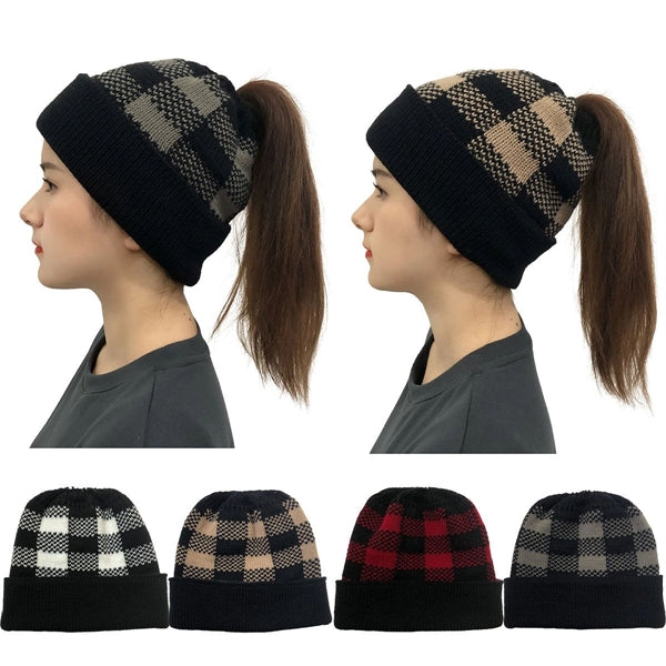 Lady Leopard Print Ponytail Knit Beanie Hat