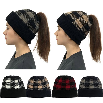 Lady Leopard Print Ponytail Knit Beanie Hat