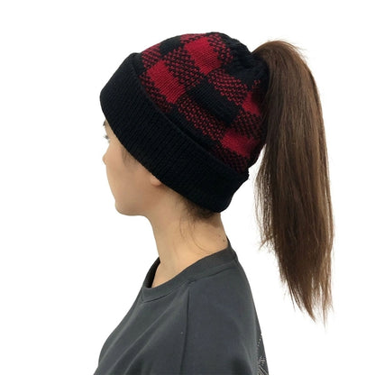 Lady Leopard Print Ponytail Knit Beanie Hat