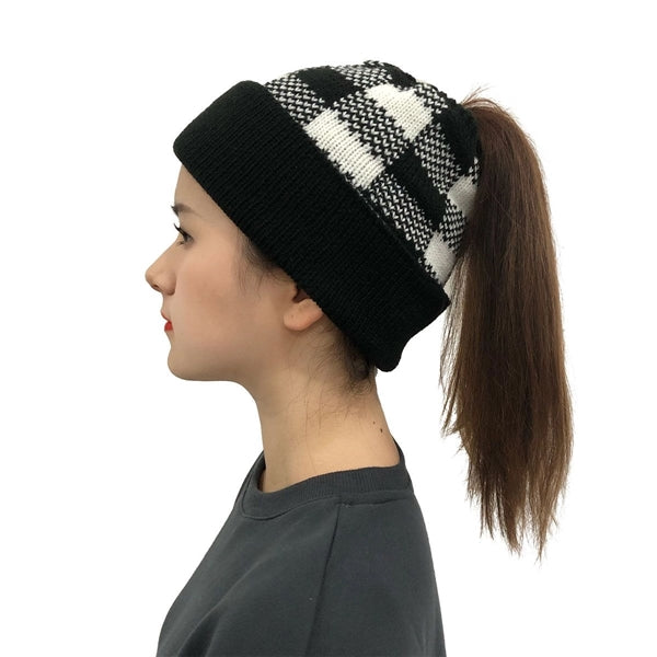 Lady Leopard Print Ponytail Knit Beanie Hat