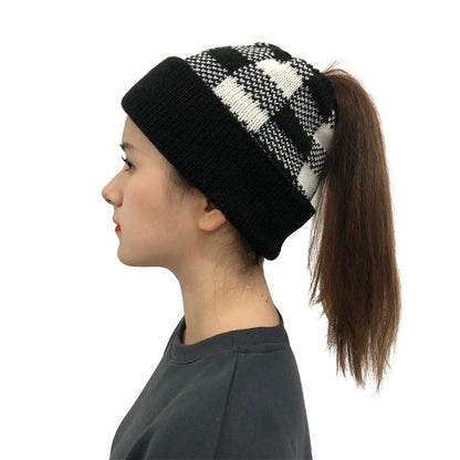 Lady Leopard Print Ponytail Knit Beanie Hat