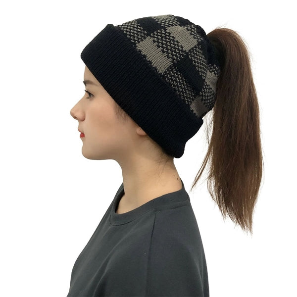 Lady Leopard Print Ponytail Knit Beanie Hat