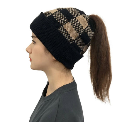 Lady Leopard Print Ponytail Knit Beanie Hat