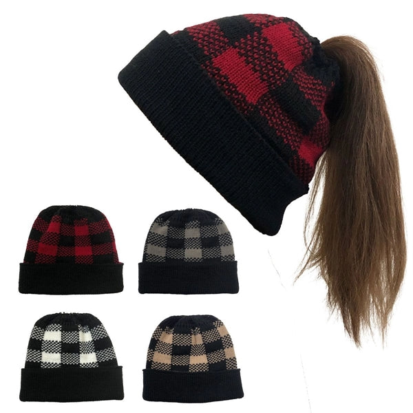 Lady Leopard Print Ponytail Knit Beanie Hat