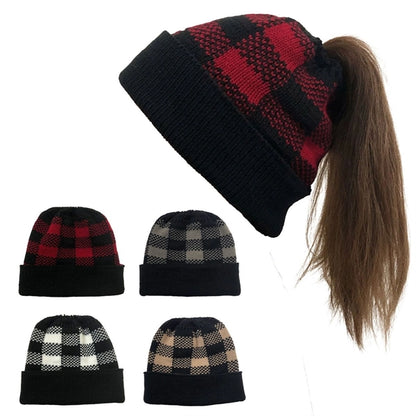 Lady Leopard Print Ponytail Knit Beanie Hat