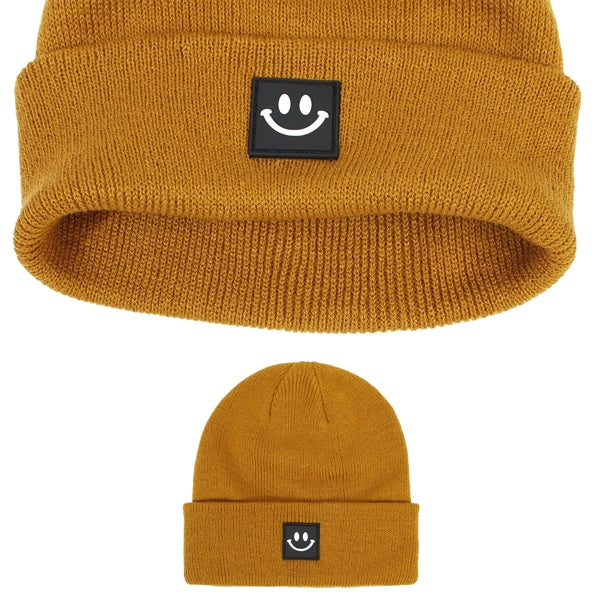 Kids Short Watch Cap Knit Beanie With Smiley Face Label
