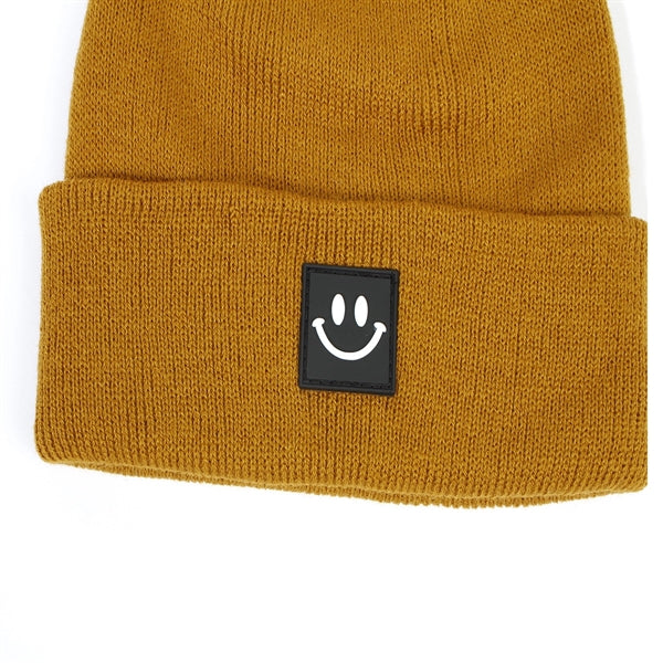 Kids Short Watch Cap Knit Beanie With Smiley Face Label
