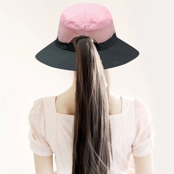 Outdoor Boonie Bucket Hat Wide Brim Ponytail Mesh Sun Cap