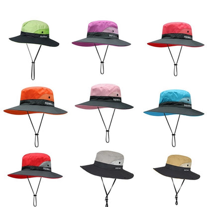 Outdoor Boonie Bucket Hat Wide Brim Ponytail Mesh Sun Cap