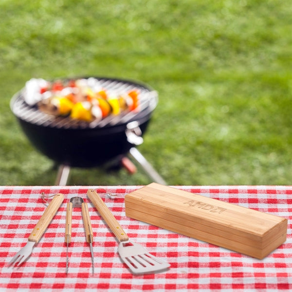 3-Piece BBQ Grill Utensil Set with Bamboo Case