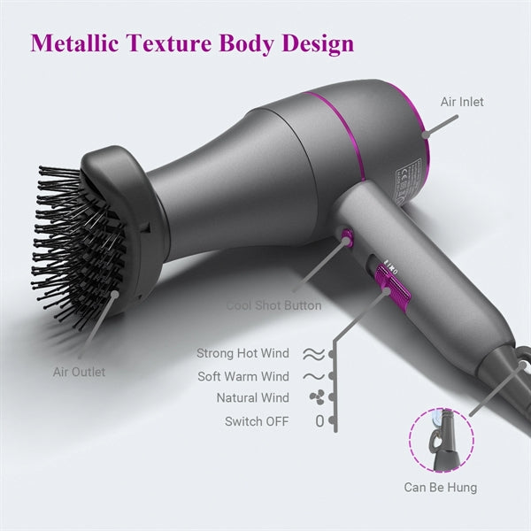 Hair Dryer With Nozzle Brush And Comb Concentrator