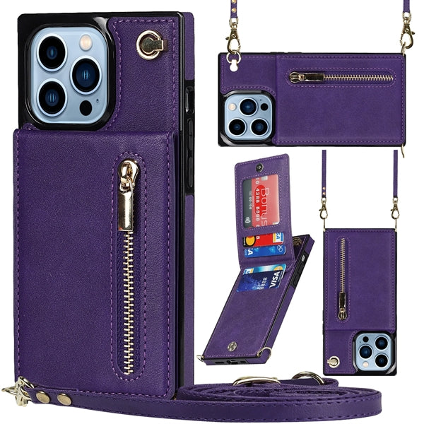 Leather Wallet Case Phone 13Pro Max Crossbody Strap Stand