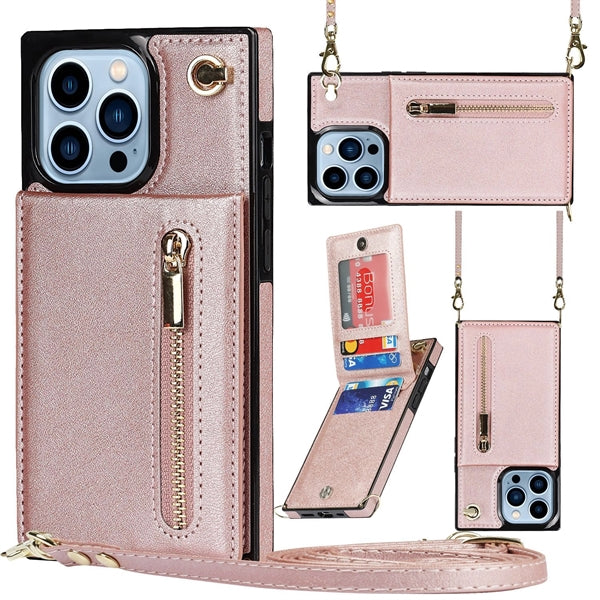 Leather Wallet Case Phone 13Pro Max Crossbody Strap Stand