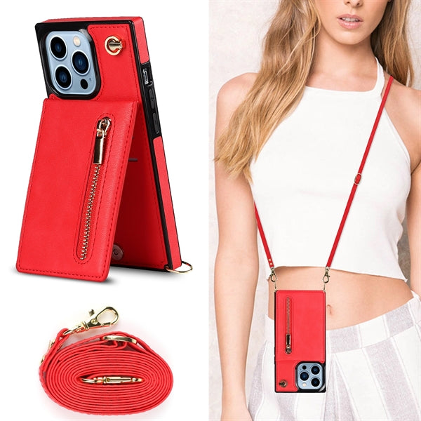 Leather Wallet Case Phone 13Pro Max Crossbody Strap Stand