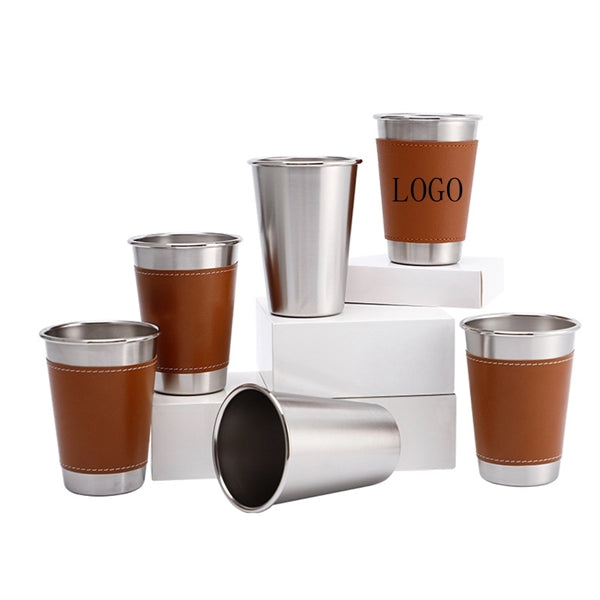 16Oz Stainless Steel Beer Cup Mug With Pu Leather Cover