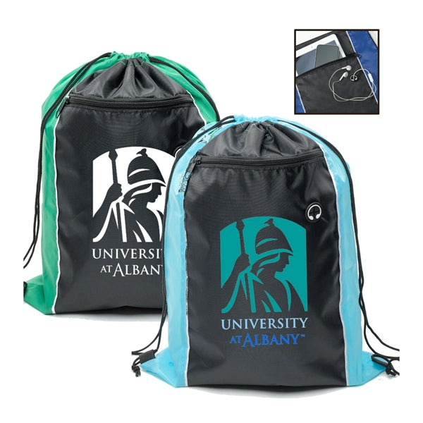 Tri-Color Drawstring Backpack w Earphone Slot & Front Pocket