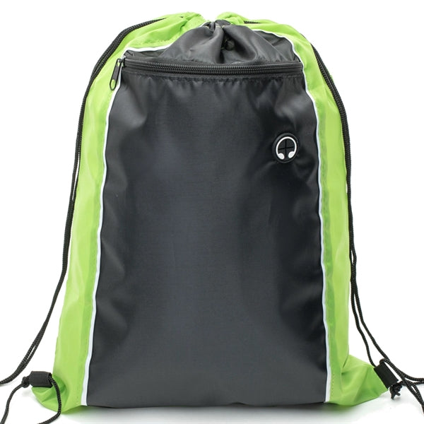 Tri-Color Drawstring Backpack w Earphone Slot & Front Pocket