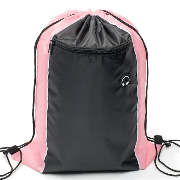 Tri-Color Drawstring Backpack w Earphone Slot & Front Pocket