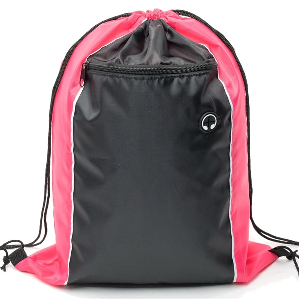 Tri-Color Drawstring Backpack w Earphone Slot & Front Pocket