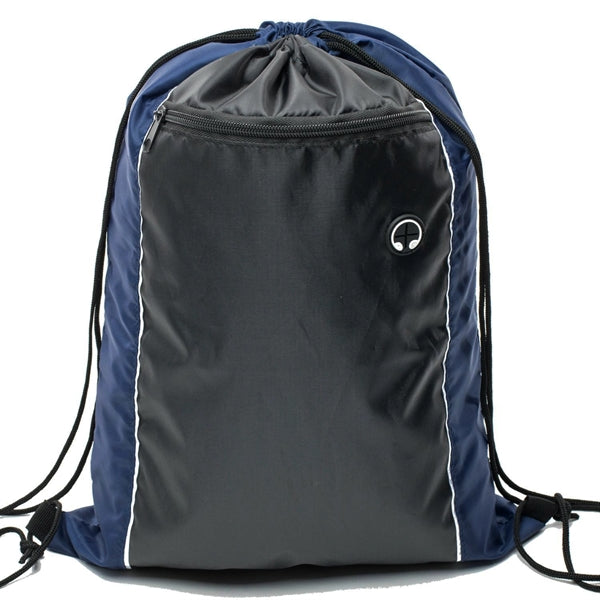 Tri-Color Drawstring Backpack w Earphone Slot & Front Pocket