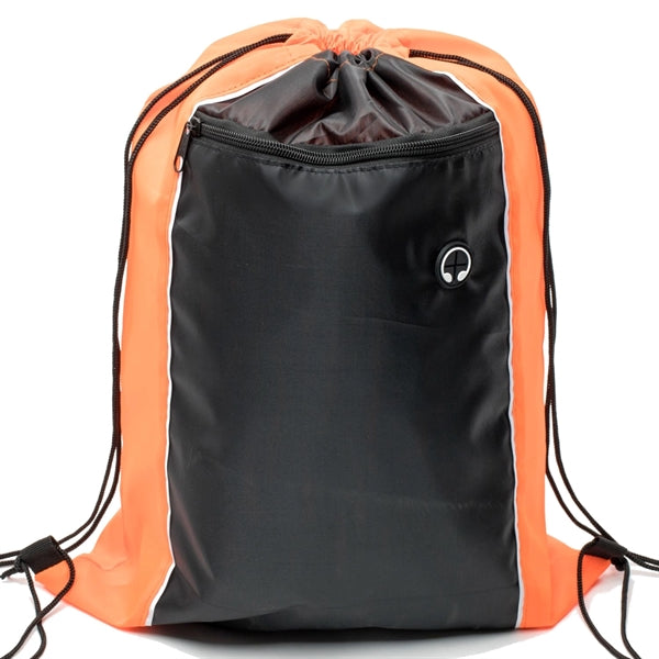 Tri-Color Drawstring Backpack w Earphone Slot & Front Pocket