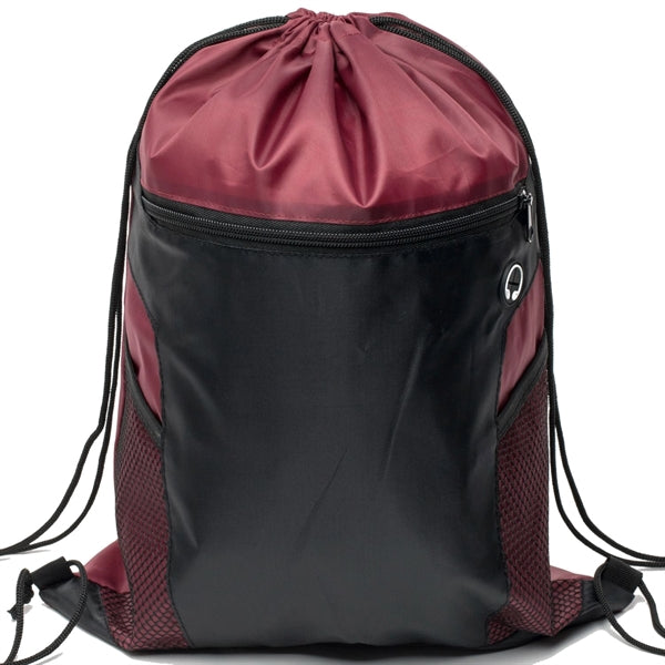 Front Zipper Drawstring Backpack w/ Side Mesh Pocket 14"x18"