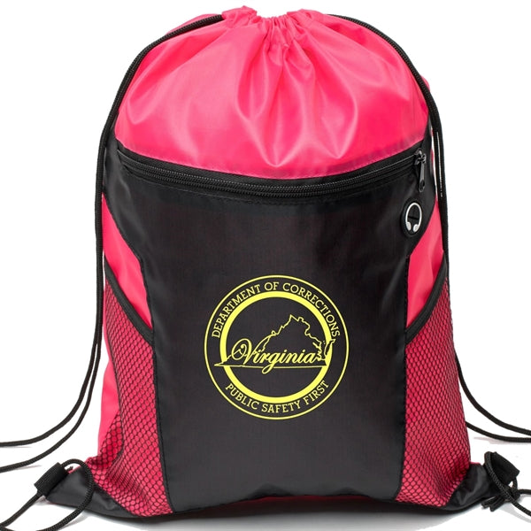 Front Zipper Drawstring Backpack w/ Side Mesh Pocket 14"x18"