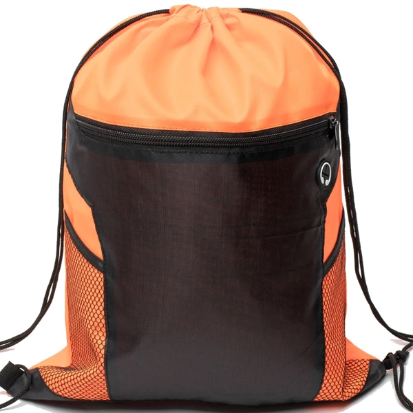 Front Zipper Drawstring Backpack w/ Side Mesh Pocket 14"x18"