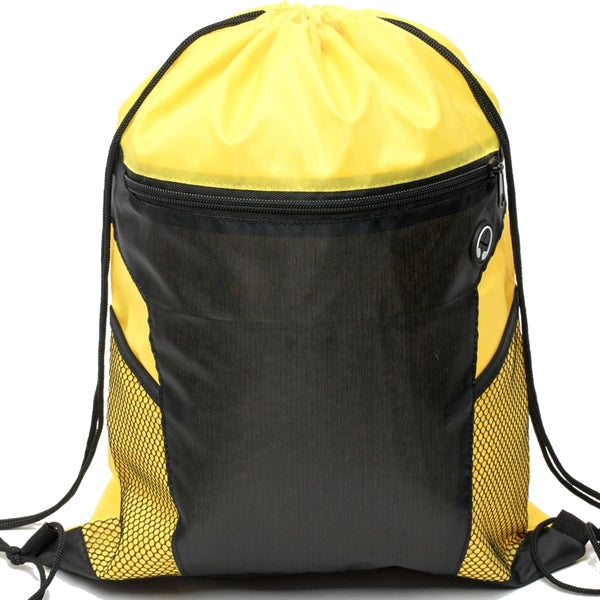 Front Zipper Drawstring Backpack w/ Side Mesh Pocket 14"x18"