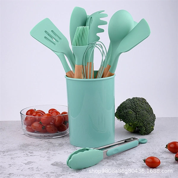Silicone Cookware Cooking Set Wooden Handle 12 Pieces