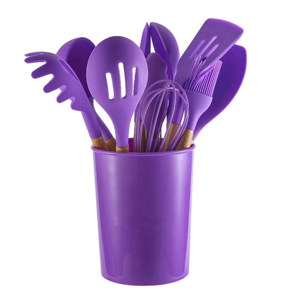 Silicone Cookware Cooking Set Wooden Handle 12 Pieces