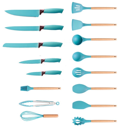 Set of 19 Pieces Wooden Handle Kitchenware Storage Bucket