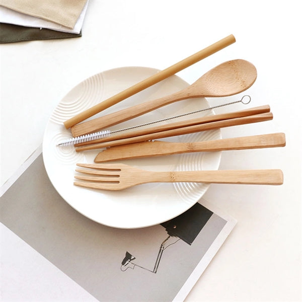 Bamboo Cutlery Set With Travel Pouch-6 Pieces
