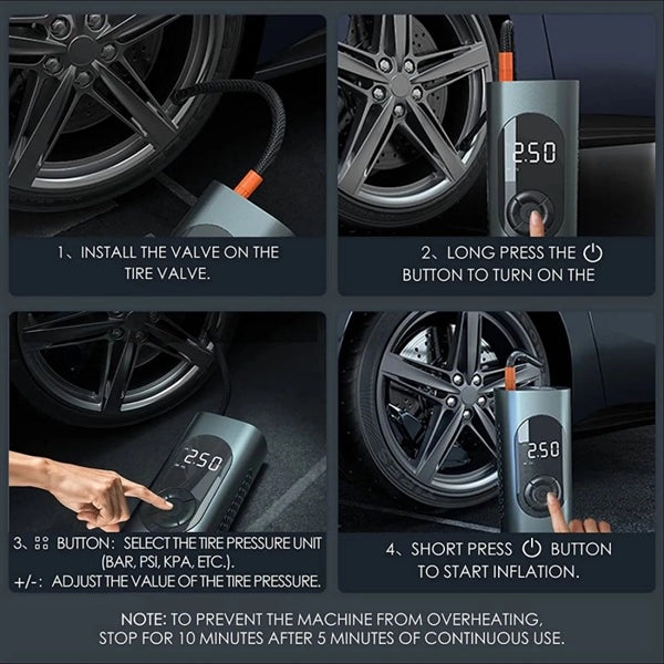 Cordless Tire Inflator With Rechargeable Battery
