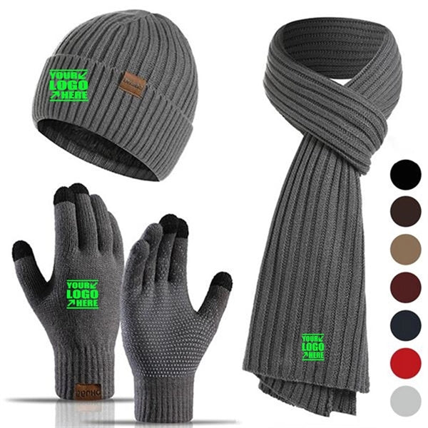 Winter Beanie Hat Scarf Touchscreen Gloves Set