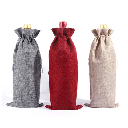 Jute Linen Burlap Wine Drawstring Bag