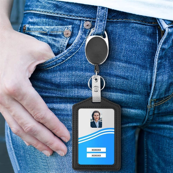 2 Packs Pu Leather Id Badge Card Holder With Clear Window