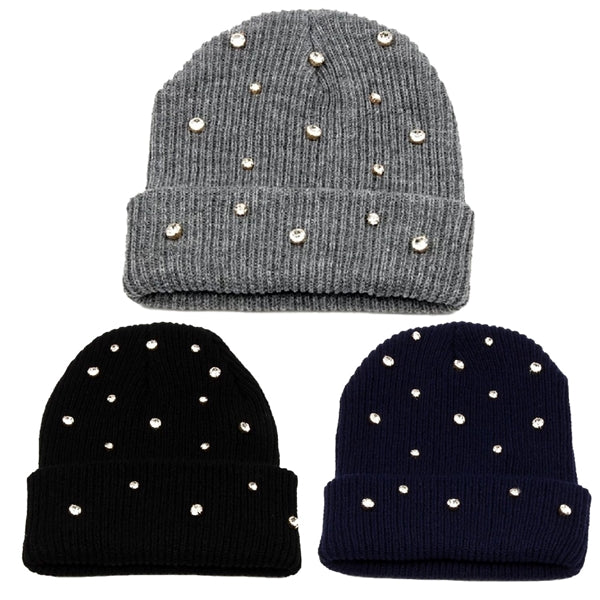 Cuffed knitted beanie with Luxury stone