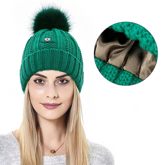 Faux Fur Pom Warm Satin Lined Stretch Knit Cap