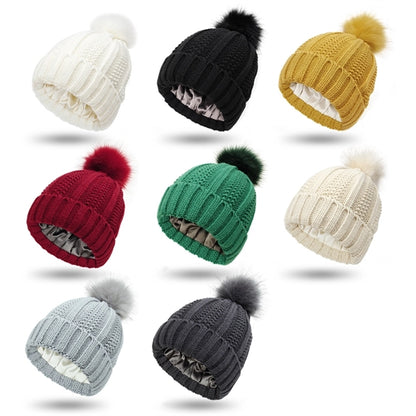 Faux Fur Pom Warm Satin Lined Stretch Knit Cap