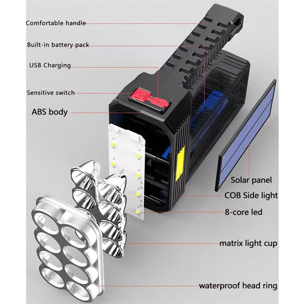 Solar Rechargeable Flashlight With Cob Sidelight