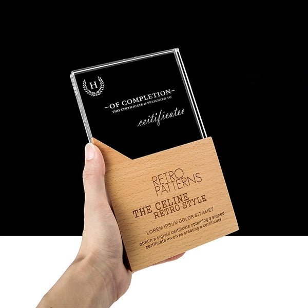 Engraved Crystal Trophy Award With Wooden Base
