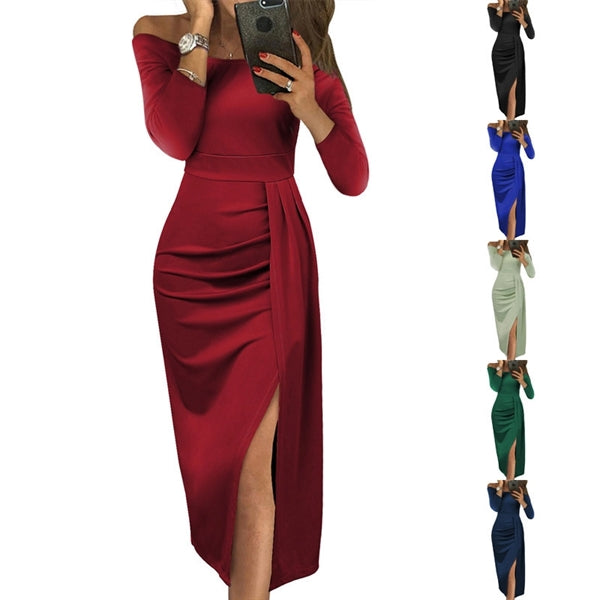 Women  Sleeves  Round Neck Split Evening Cocktail Long Dress